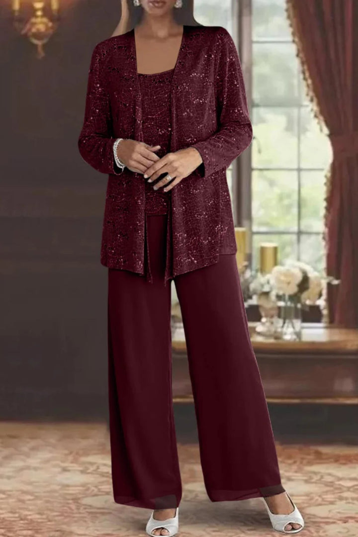 Charlotte | Women's Sequin Open Front Wide-Leg Three-Piece Trouser Set