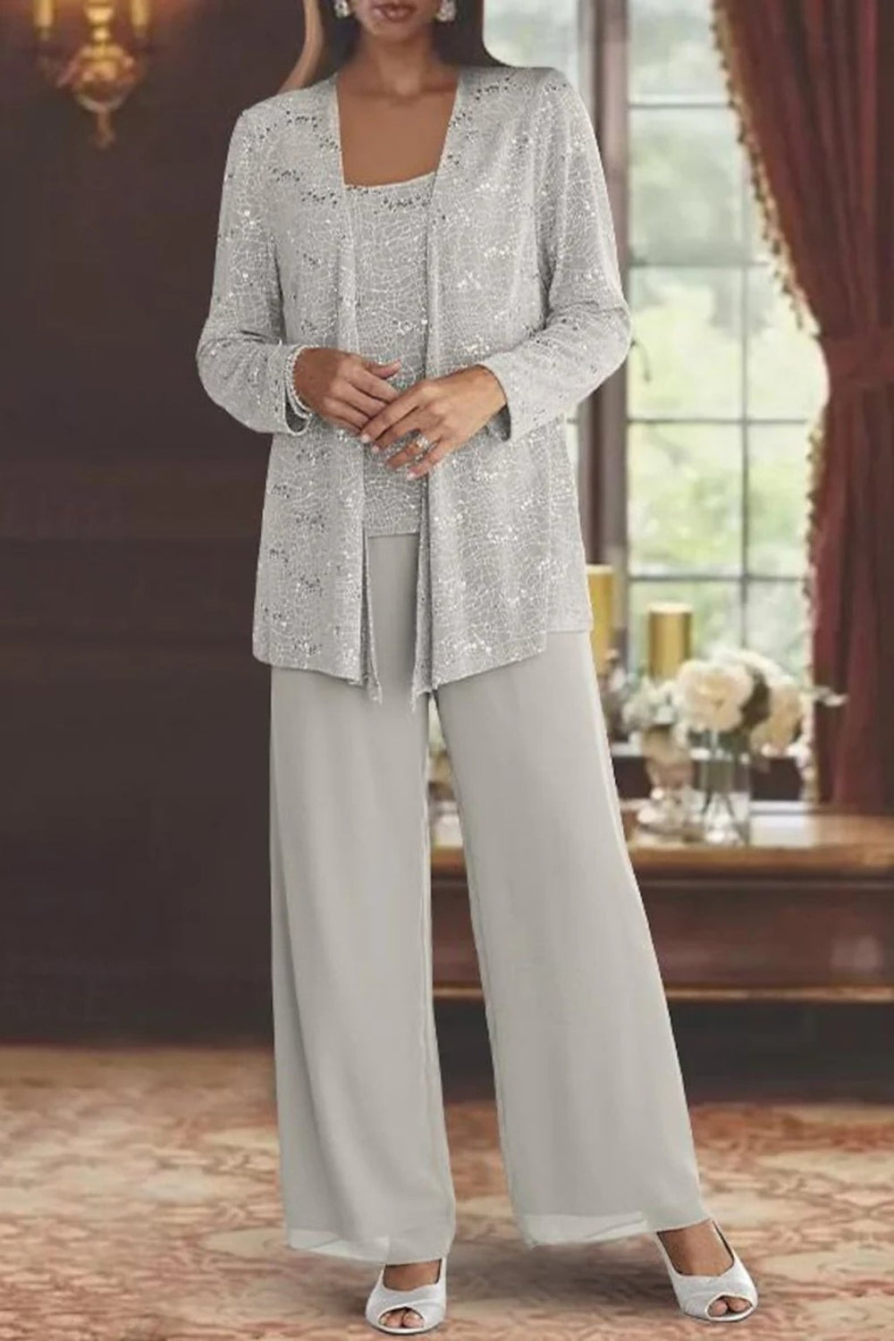 Charlotte | Women's Sequin Open Front Wide-Leg Three-Piece Trouser Set