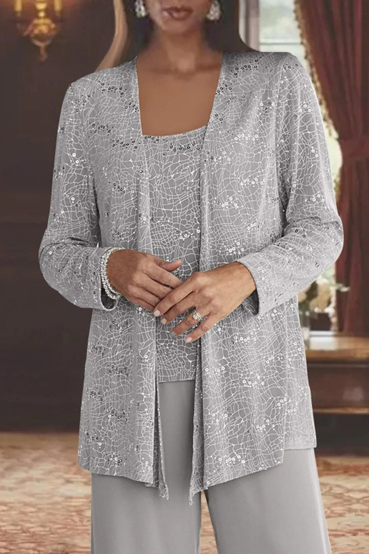 Charlotte | Women's Sequin Open Front Wide-Leg Three-Piece Trouser Set