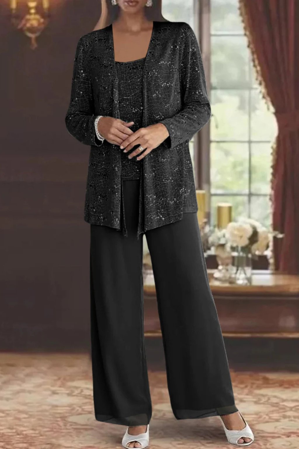 Charlotte | Women's Sequin Open Front Wide-Leg Three-Piece Trouser Set