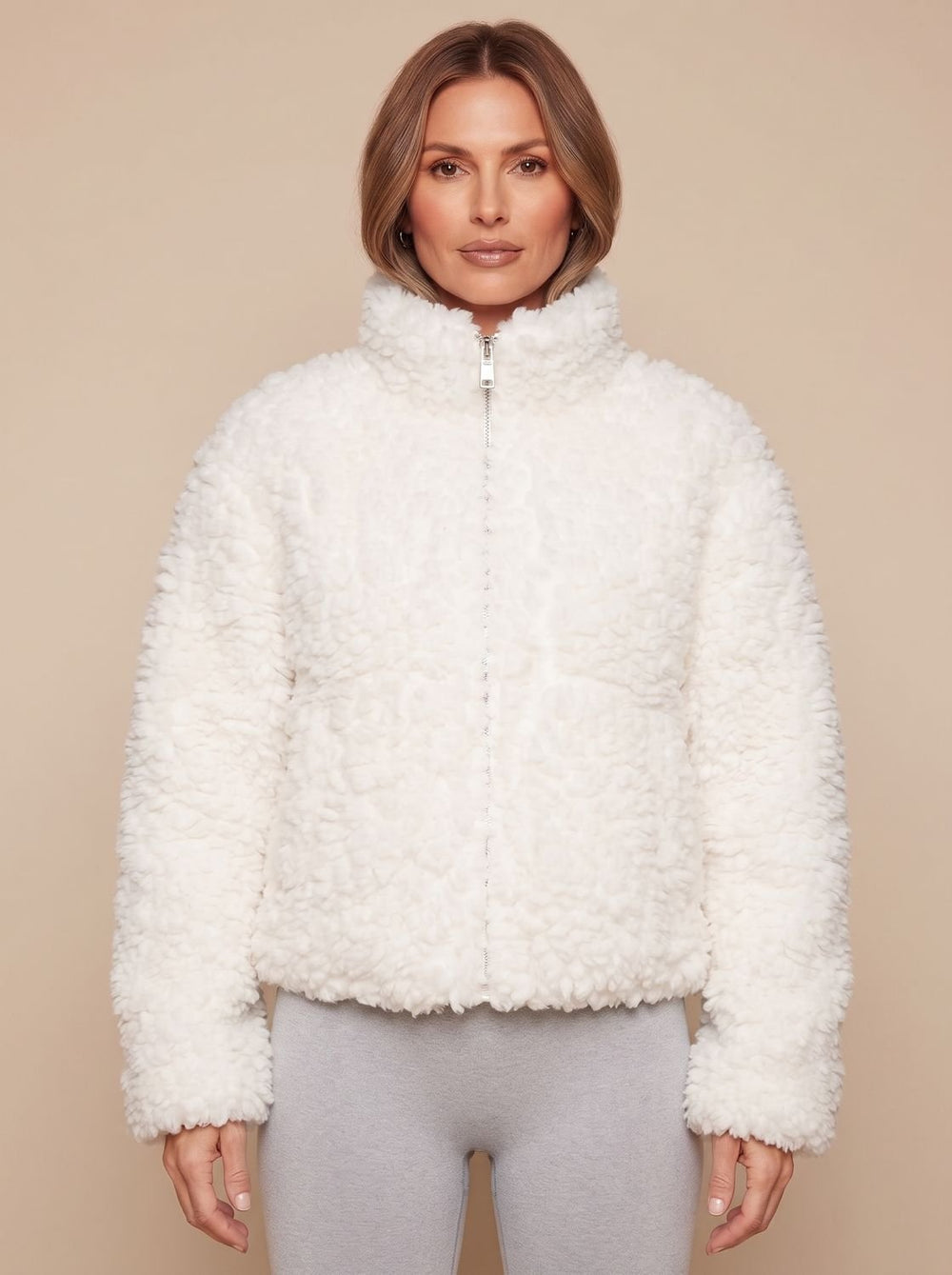 Women's Sherpa Zip-Up Fluffy Stand-Collar Jacket - White