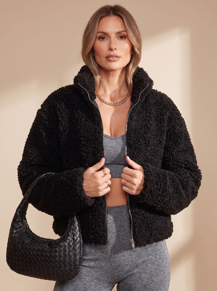 Women's Sherpa Zip-Up Fluffy Stand-Collar Jacket - Black