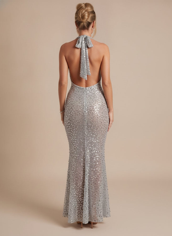 Women's Silver Halter-Neck Sequin Maxi Dress