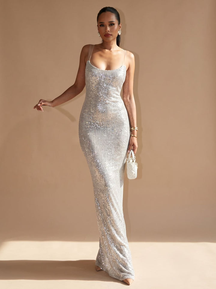 Women's Silver Maxi Sequin Dress Square-Neck Thin-Strap Bodycon Gown
