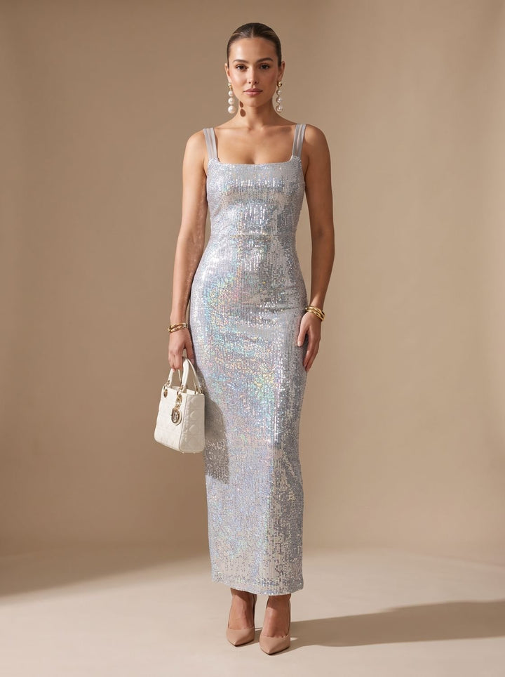 Women's Silver Maxi Sequin Dress Square-Neck Thin-Strap Bodycon Gown
