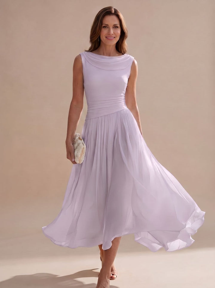 Women's Sleeveless Draped-Neck Pleated A-Line Midi Dress
