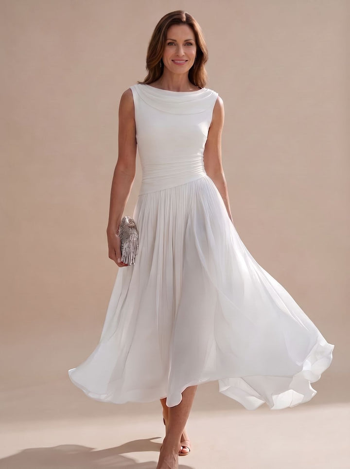Women's Sleeveless Draped-Neck Pleated A-Line Midi Dress