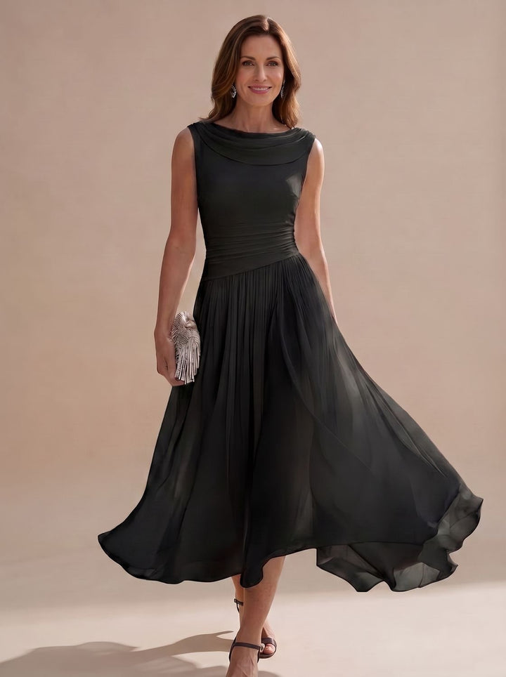 Women's Sleeveless Draped-Neck Pleated A-Line Midi Dress - Black