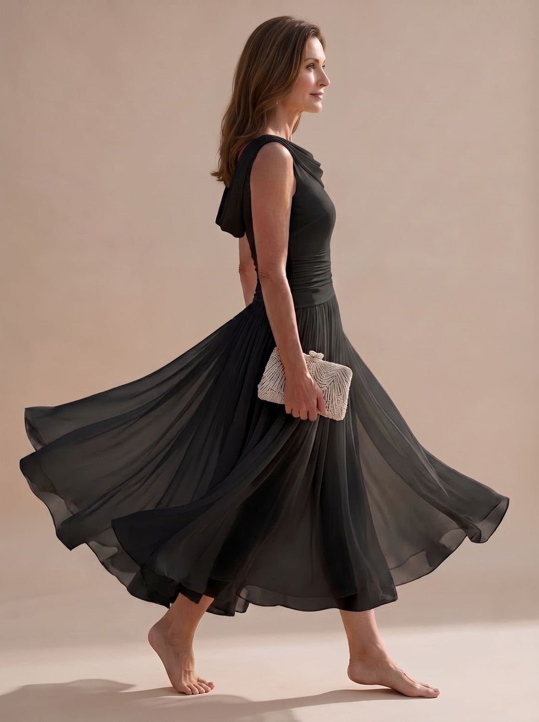 Women's Sleeveless Draped-Neck Pleated A-Line Midi Dress