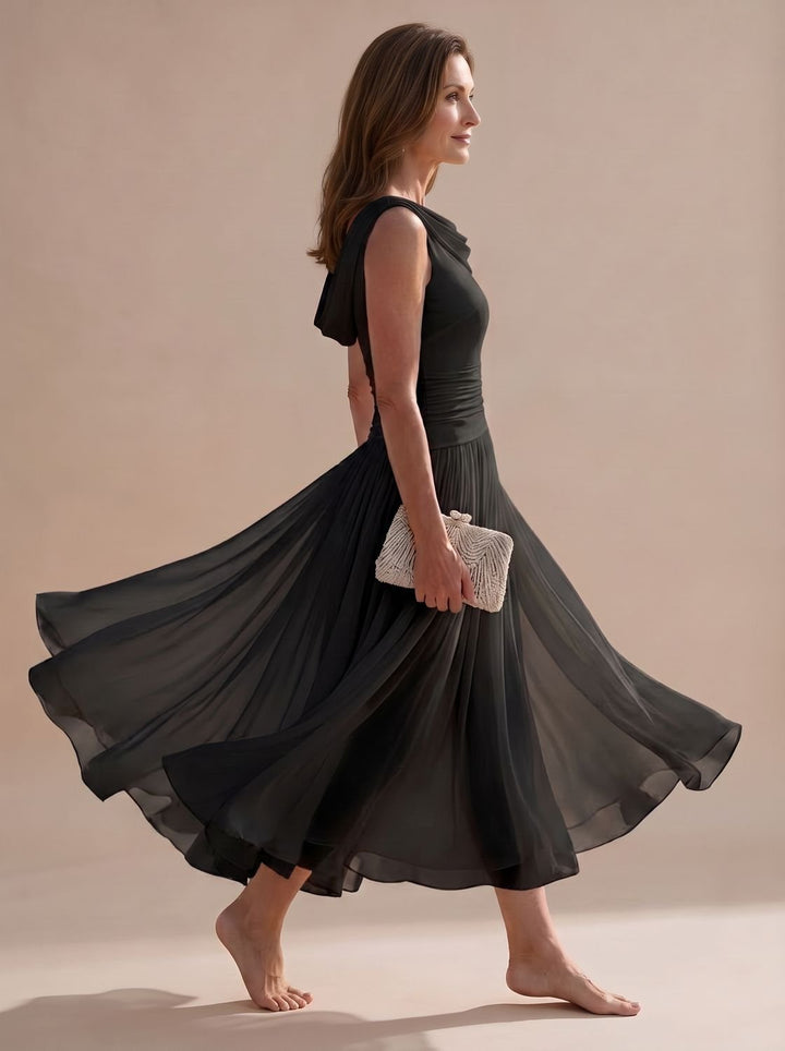 Women's Sleeveless Draped-Neck Pleated A-Line Midi Dress