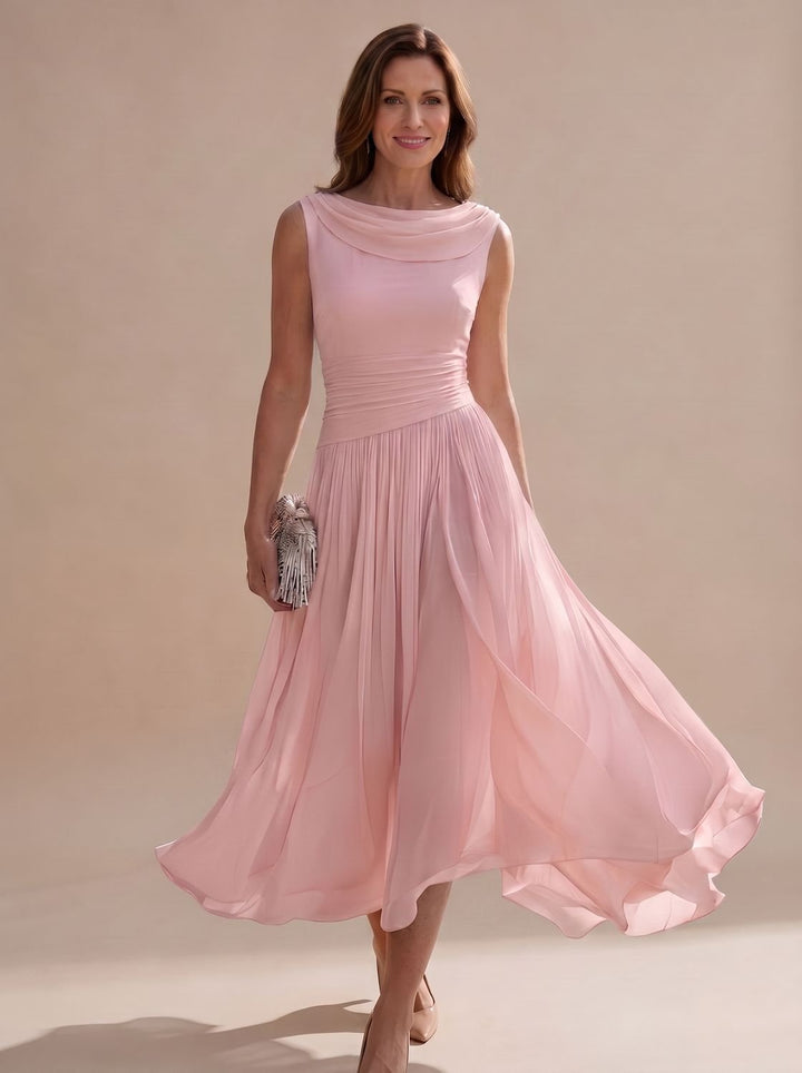 Women's Sleeveless Draped-Neck Pleated A-Line Midi Dress - Pink