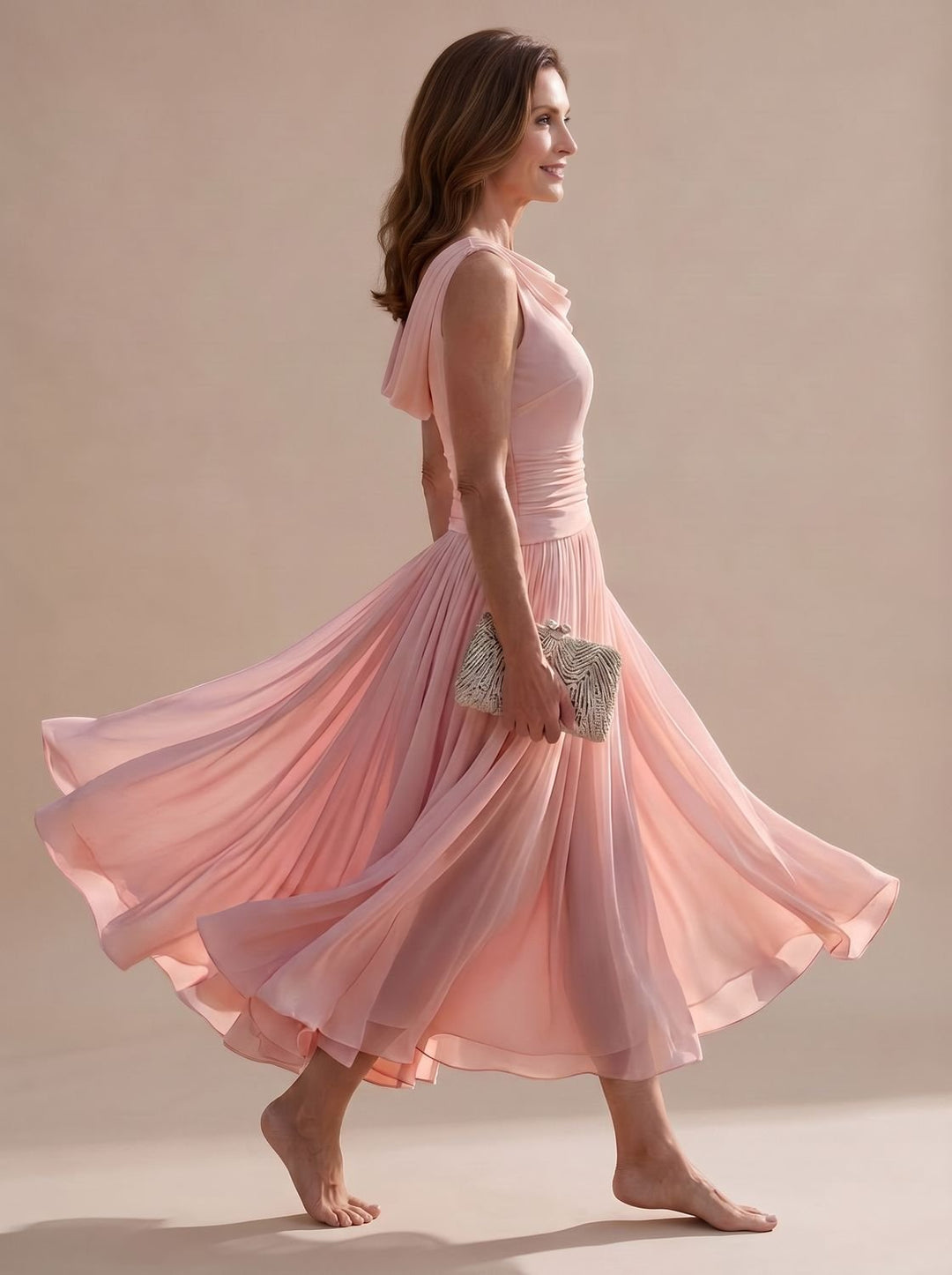 Women's Sleeveless Draped-Neck Pleated A-Line Midi Dress