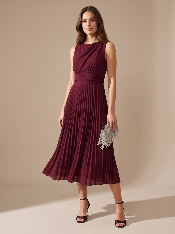 Women's Sleeveless Draped-Neck Pleated A-Line Midi Dress - Burgundy