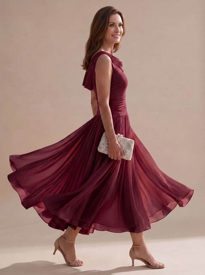Women's Sleeveless Draped-Neck Pleated A-Line Midi Dress