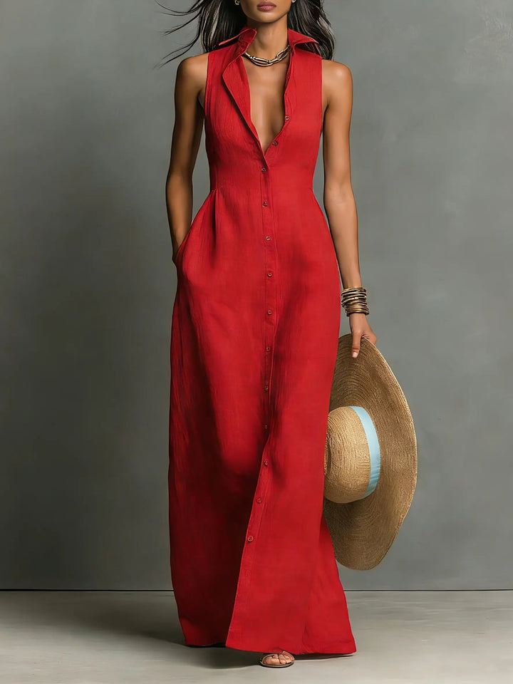 Victoria │ Women's Linen Button Front Collared Maxi Dress For Summer