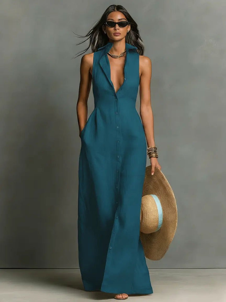 Victoria │ Women's Linen Button Front Collared Maxi Dress For Summer
