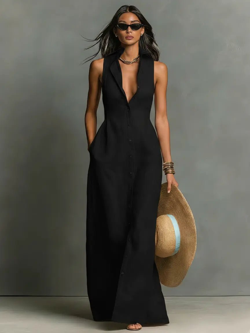Victoria │ Women's Linen Button Front Collared Maxi Dress For Summer