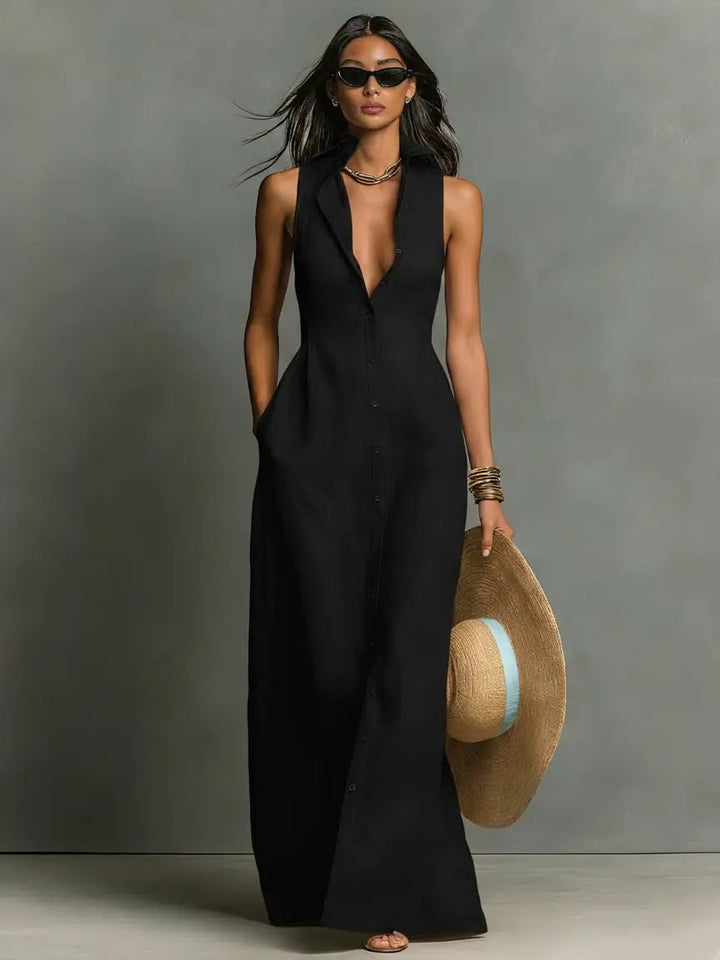Victoria │ Women's Linen Button Front Collared Maxi Dress For Summer