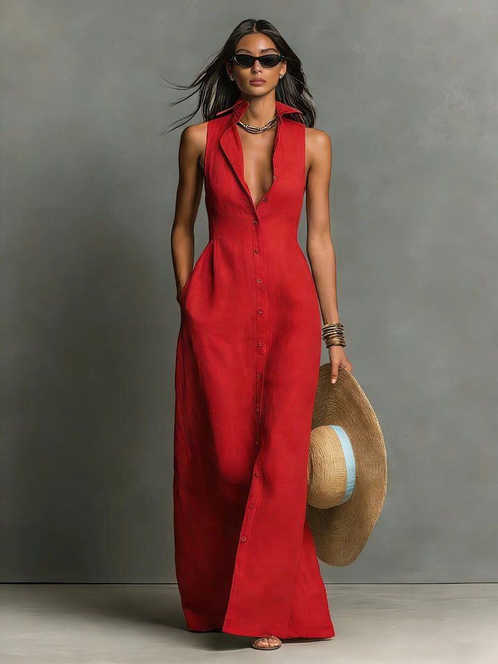 Victoria │ Women's Linen Button Front Collared Maxi Dress For Summer