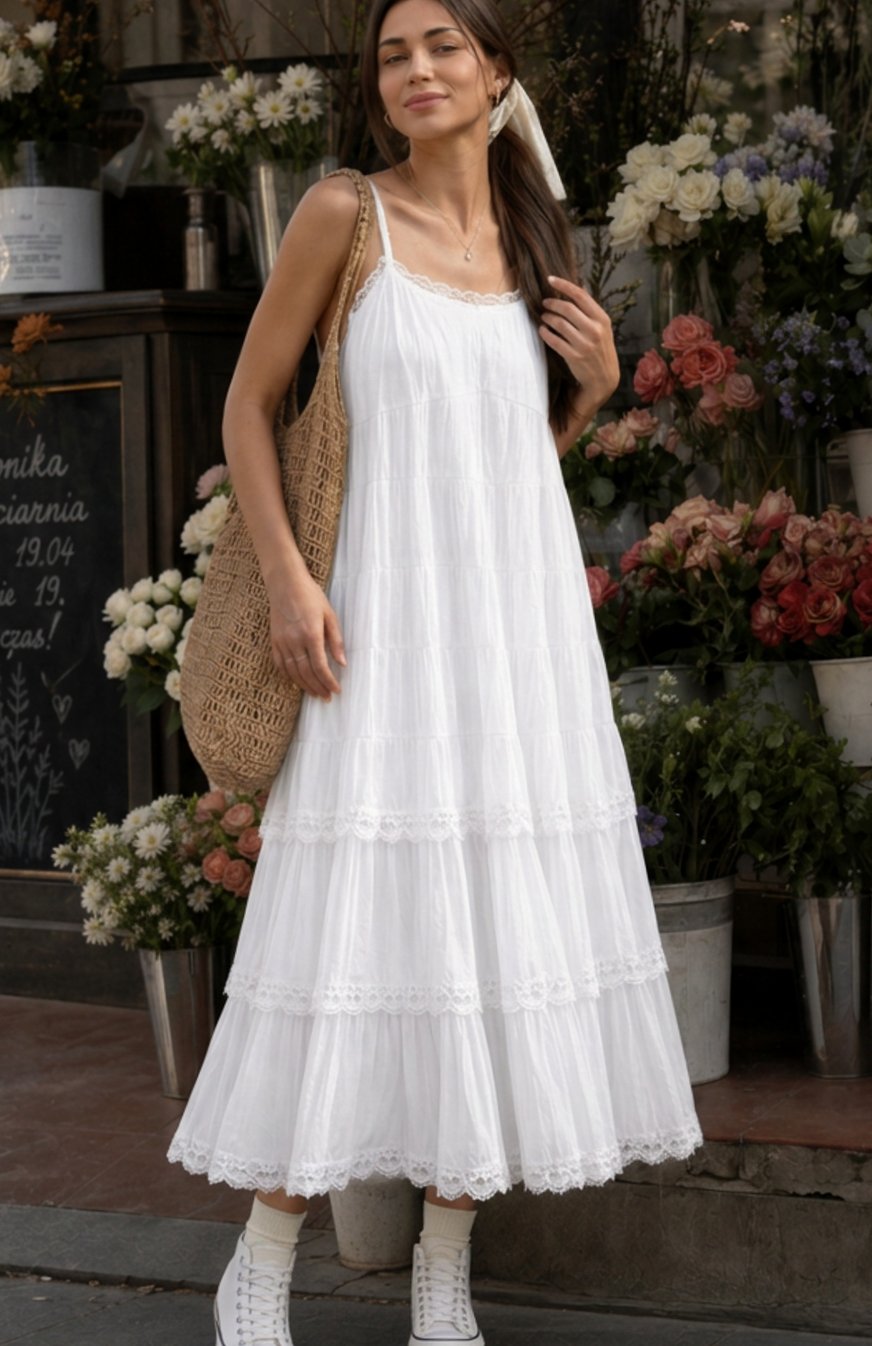 Women's Sleeveless Tiered Lace Cotton Midi Dress - White