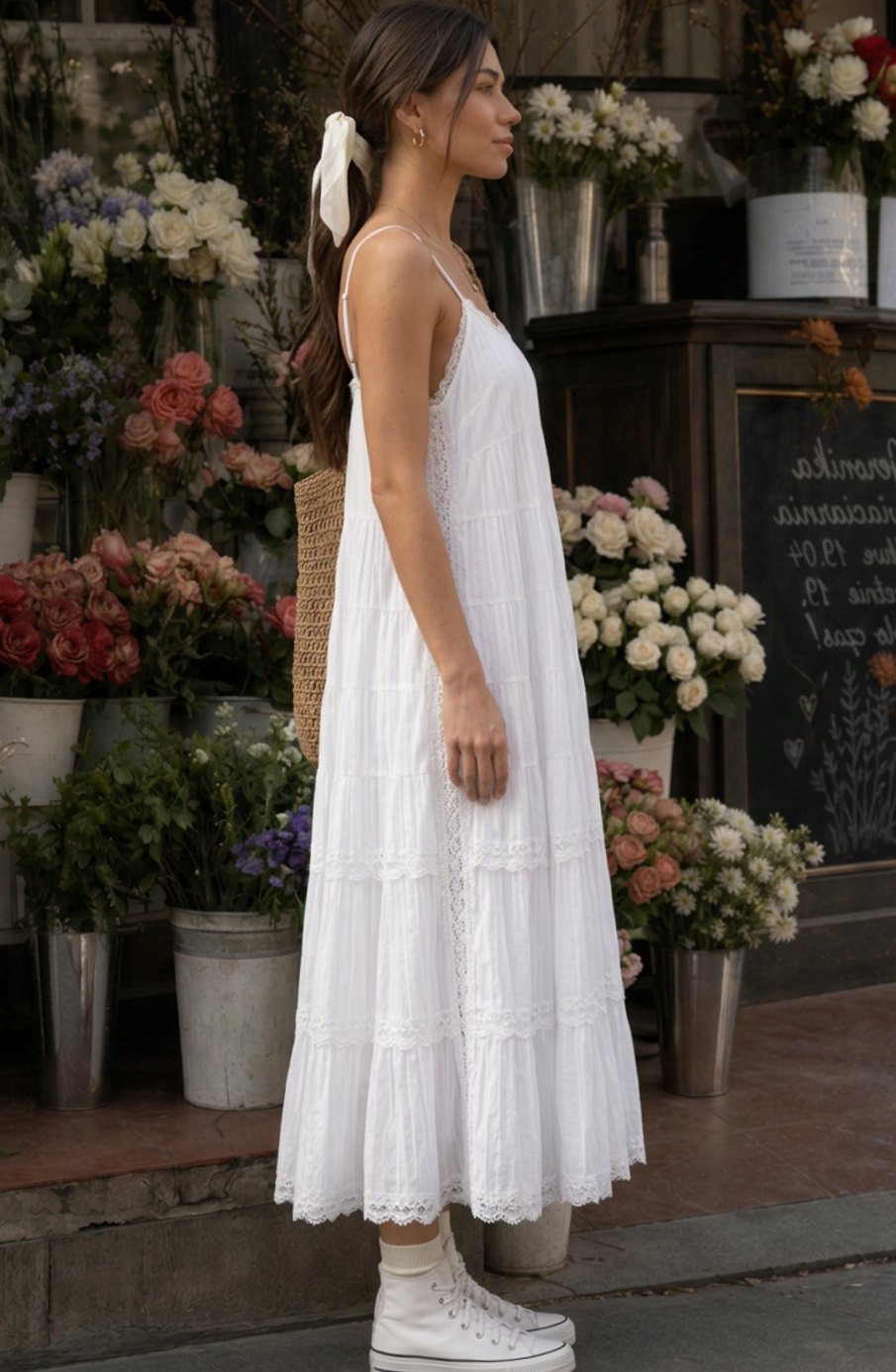 Women's Sleeveless Tiered Lace Cotton Midi Dress