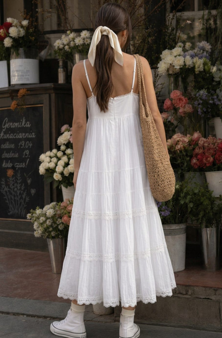 Women's Sleeveless Tiered Lace Cotton Midi Dress