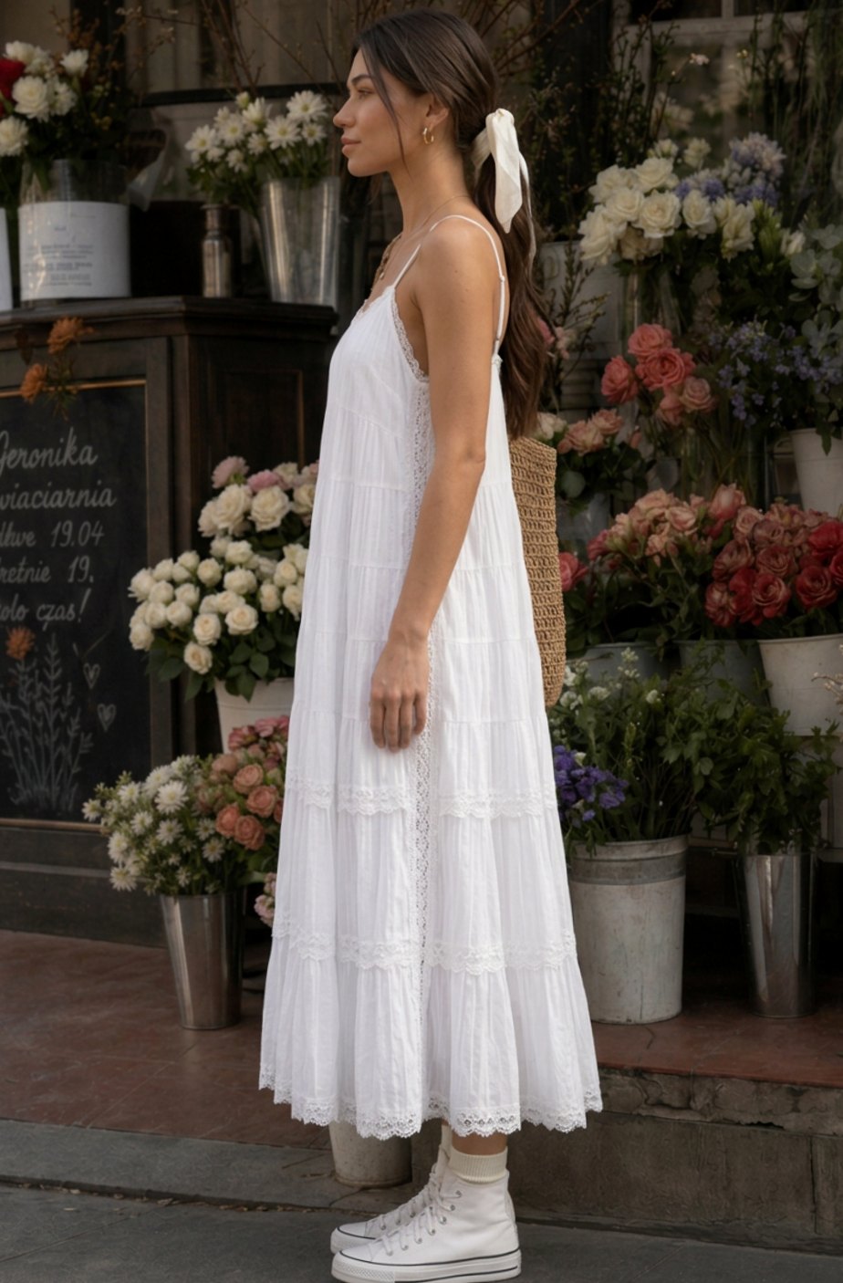 Women's Sleeveless Tiered Lace Cotton Midi Dress