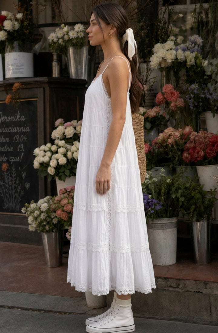 Women's Sleeveless Tiered Lace Cotton Midi Dress