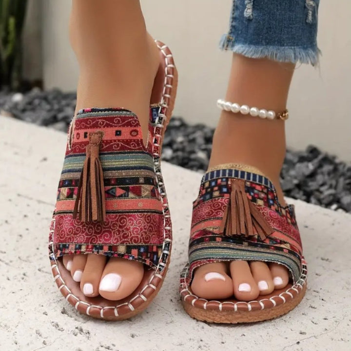 Tabitha │ Women's Flat Slide Sandals With Print Upper And Tassel Detail
