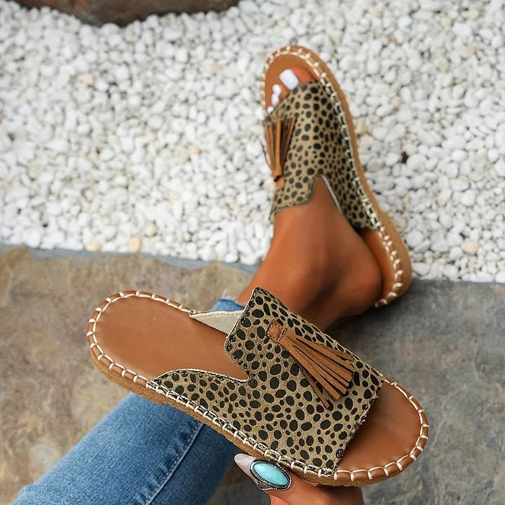 Tabitha │ Women's Flat Slide Sandals With Print Upper And Tassel Detail