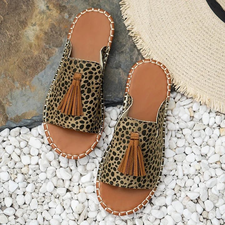 Tabitha │ Women's Flat Slide Sandals With Print Upper And Tassel Detail
