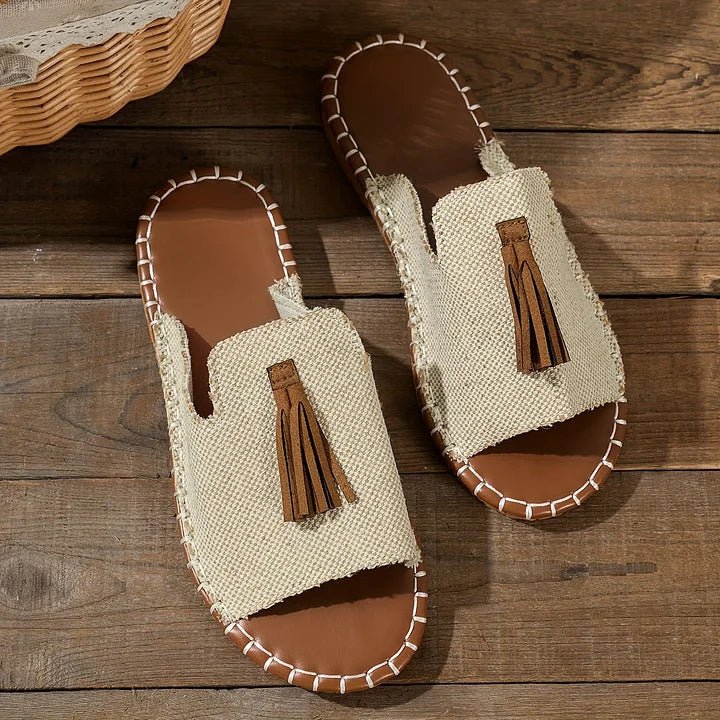 Tabitha │ Women's Flat Slide Sandals With Print Upper And Tassel Detail