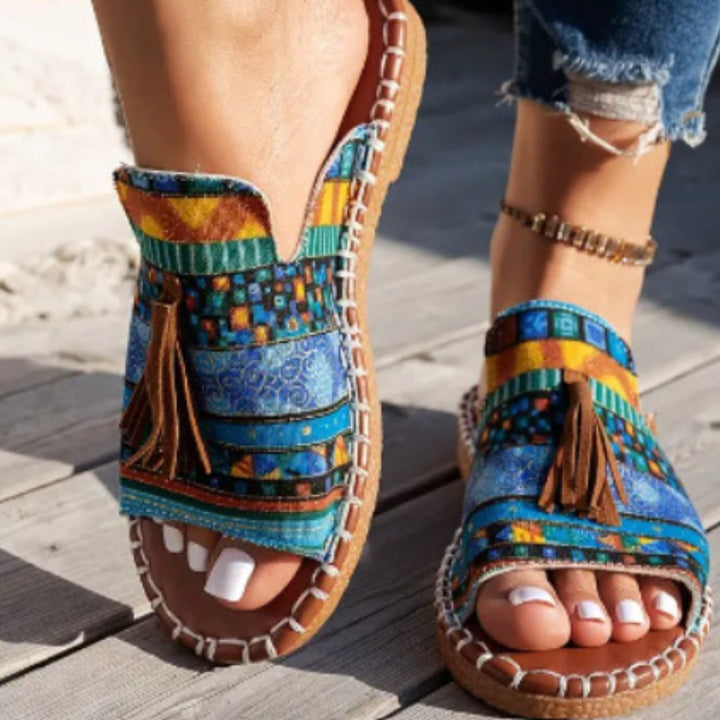 Tabitha │ Women's Flat Slide Sandals With Print Upper And Tassel Detail