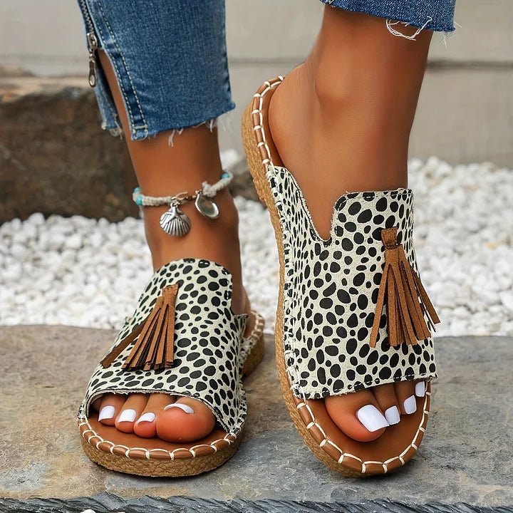 Tabitha │ Women's Flat Slide Sandals With Print Upper And Tassel Detail
