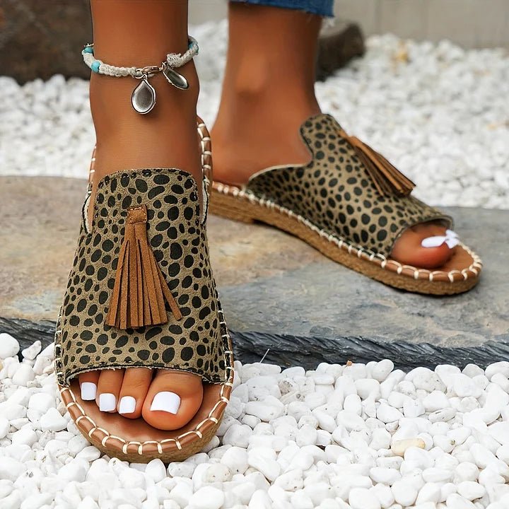 Tabitha │ Women's Flat Slide Sandals With Print Upper And Tassel Detail