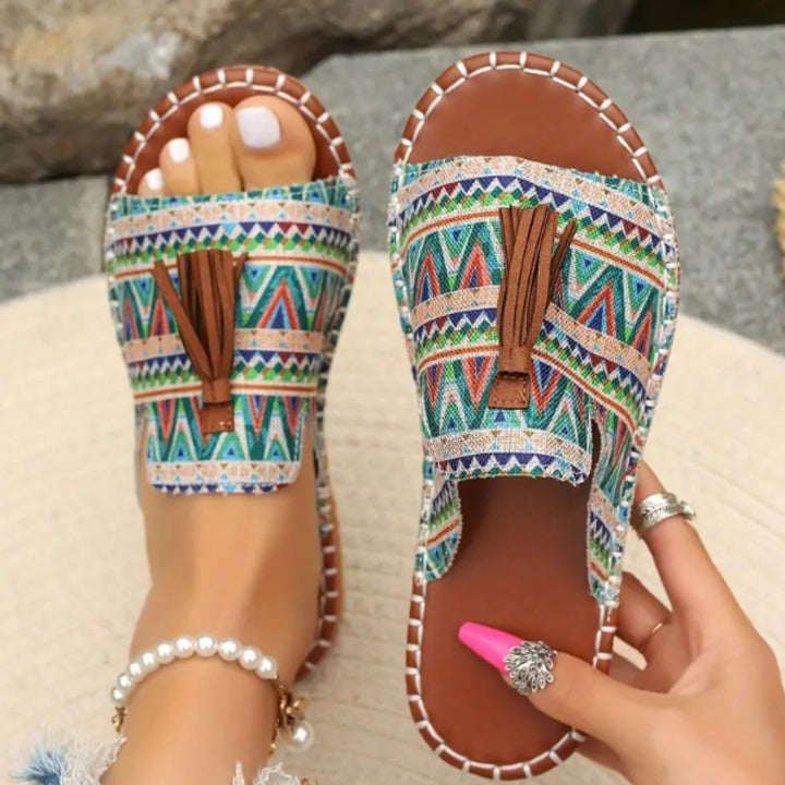 Tabitha │ Women's Flat Slide Sandals With Print Upper And Tassel Detail