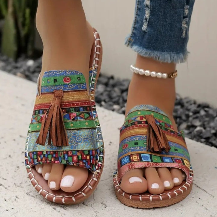 Tabitha │ Women's Flat Slide Sandals With Print Upper And Tassel Detail