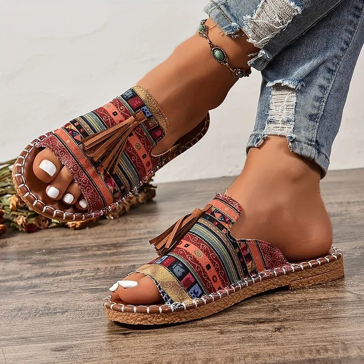 Tabitha │ Women's Flat Slide Sandals With Print Upper And Tassel Detail