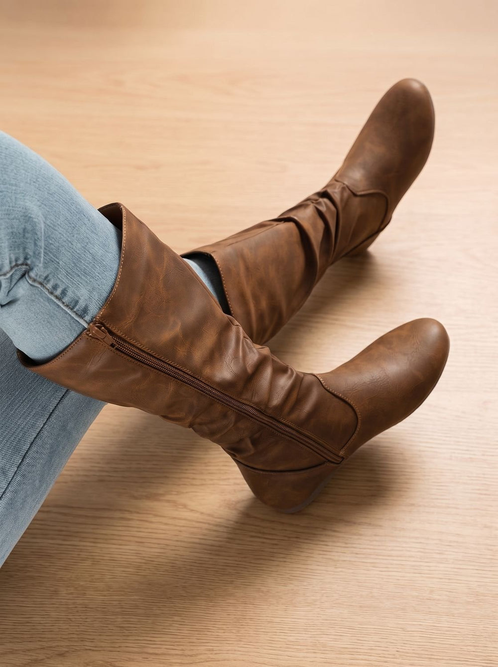 Women's Slouchy Flat Knee High Boots Round Toe Side Zip