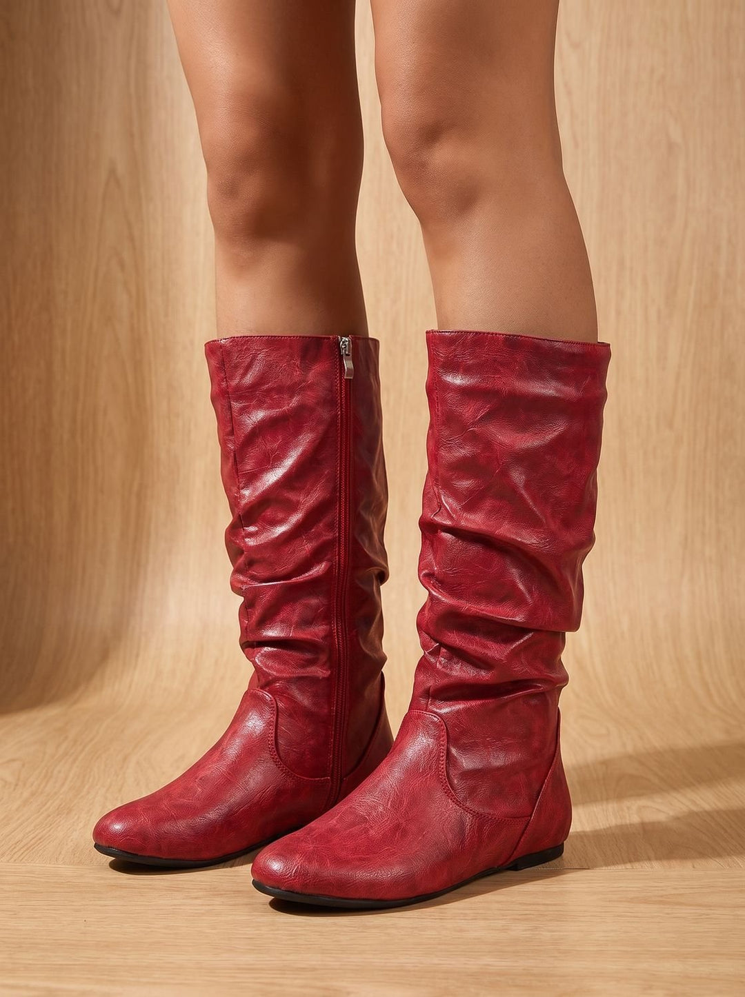 Women's Slouchy Flat Knee High Boots Round Toe Side Zip