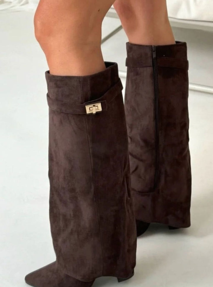 Women's Slouchy Foldover High Heel Boots Gold-Buckle Knee-High