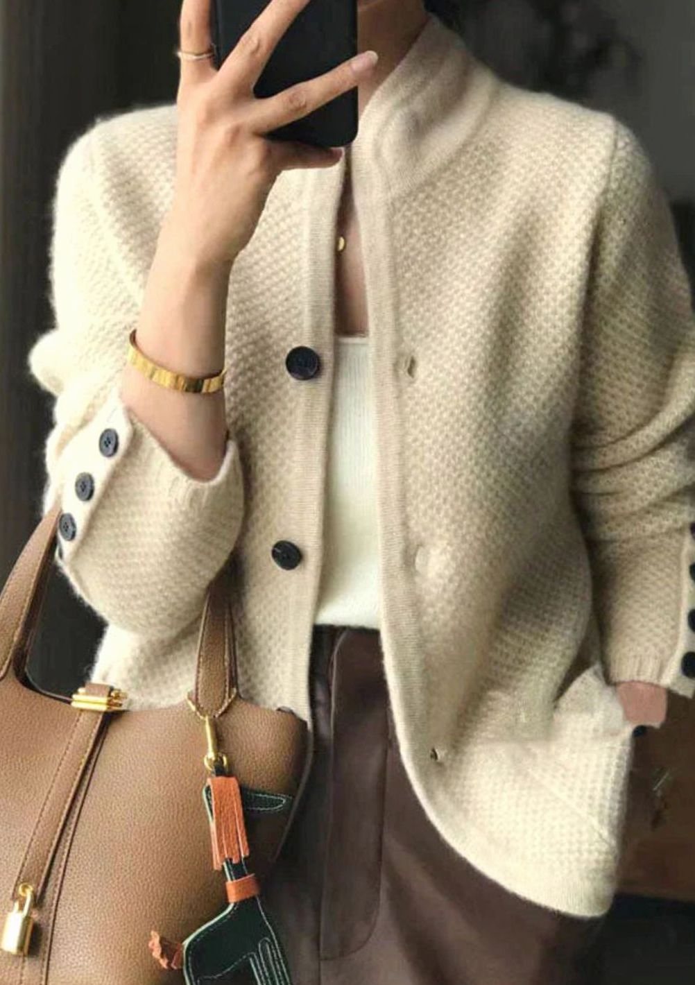 Women's Stand-Collar Button-Up Knit Cardigan Sweater - Off White