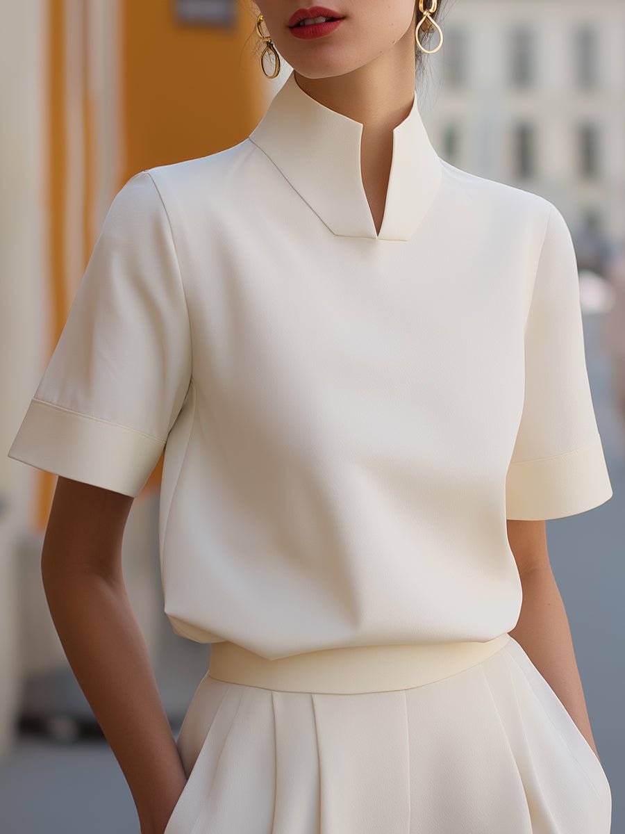 Muriel │ Women's Split Stand Collar Waist-Length Short Sleeve Blouse