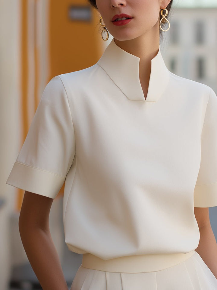 Muriel │ Women's Split Stand Collar Waist-Length Short Sleeve Blouse