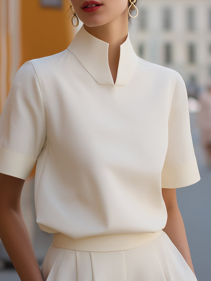 Muriel │ Women's Split Stand Collar Waist-Length Short Sleeve Blouse