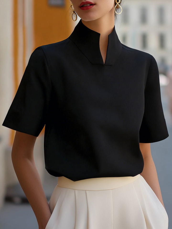 Muriel │ Women's Split Stand Collar Waist-Length Short Sleeve Blouse