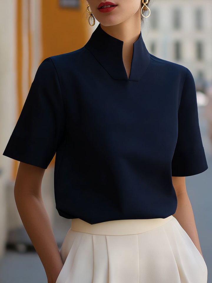Muriel │ Women's Split Stand Collar Waist-Length Short Sleeve Blouse