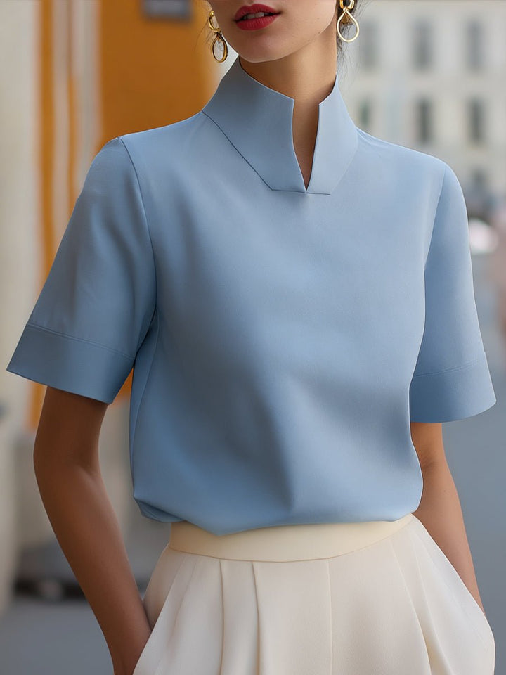 Muriel │ Women's Split Stand Collar Waist-Length Short Sleeve Blouse