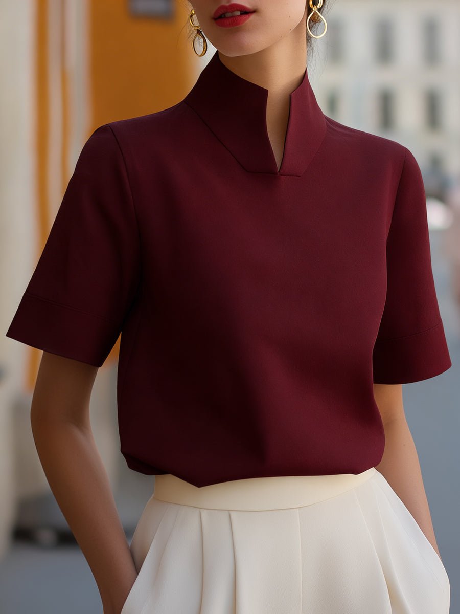 Muriel │ Women's Split Stand Collar Waist-Length Short Sleeve Blouse