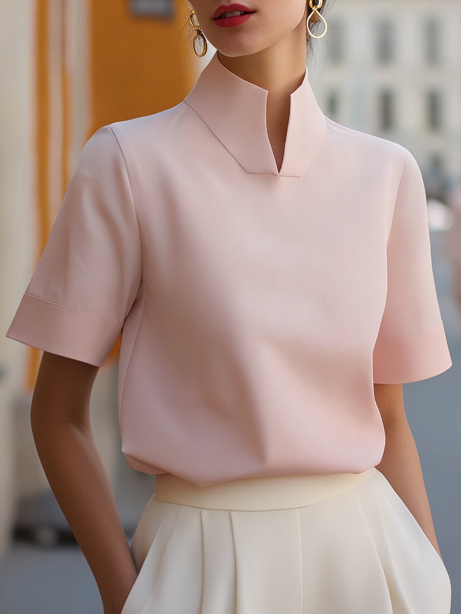 Muriel │ Women's Split Stand Collar Waist-Length Short Sleeve Blouse